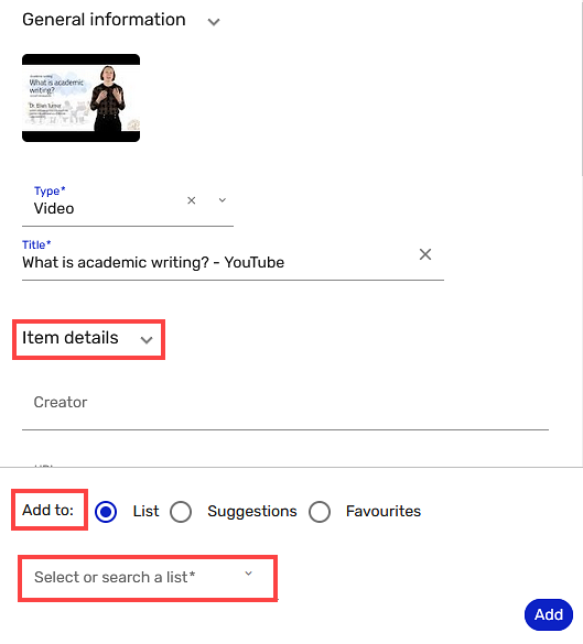 Screenshot showing Cite it! popup window containing Item details fields and Add to options including list, suggestions, and Favourites.
