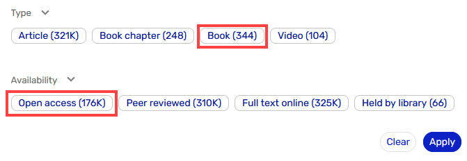 Screenshot showing highlighted Book and Open Access filter options in Library Search.