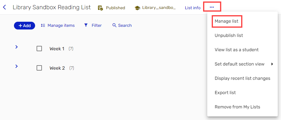 Screenshot showing highlighted ellipses menu and dropdown 'Manage List' option.