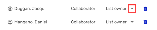 Screenshot showing dropdown menu arrow icon for collaborator options.