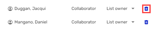 Screenshot showing trash can icon used for deleting list collaborators.