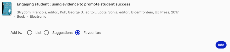 Screenshot showing the Favourites radial button selected in a Library Search result.