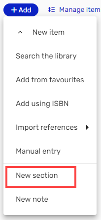 Screenshot showing 'New Section' option in the '+ADD' dropdown menu in Course Readings.