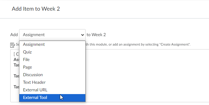 Screenshot showing the dropdown Add items options in Canvas, and the 'External tool' option selected.