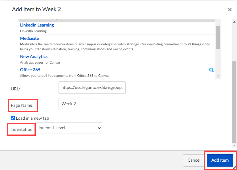 Screenshot showing the Page Name and Indentation fields highlighted in the Canvas Add items popup window.