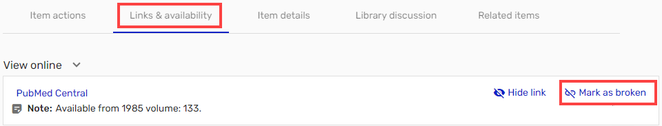 Screenshot showing the highlighted Mark as Broken option that is available to students in Course readings lists.