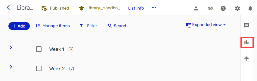 Screenshot showing the highlighted Analytics graph icon in the right panel of Course Readings.
