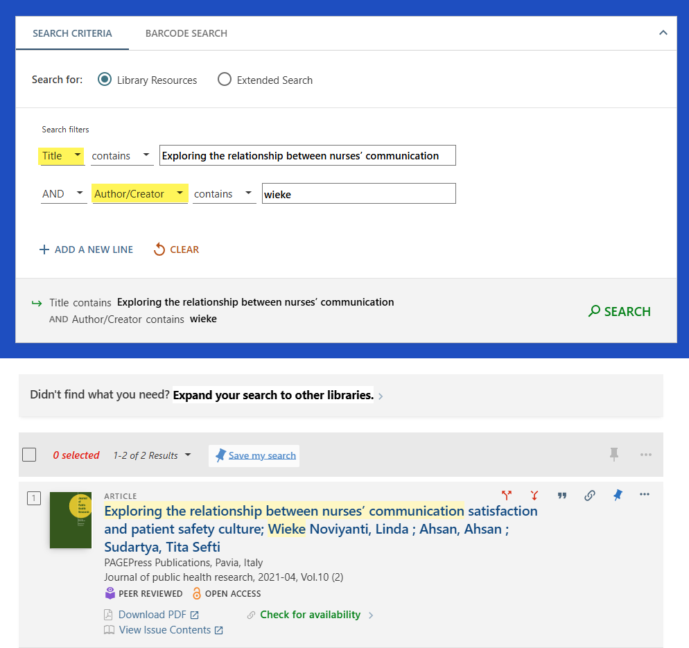Advanced search for article using the title and author field