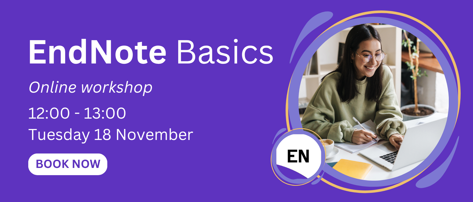 Sign up for the online EndNote basics workshop on Tuesday 18 November. Image of person on laptop very happy as they have used EndNote for their references.