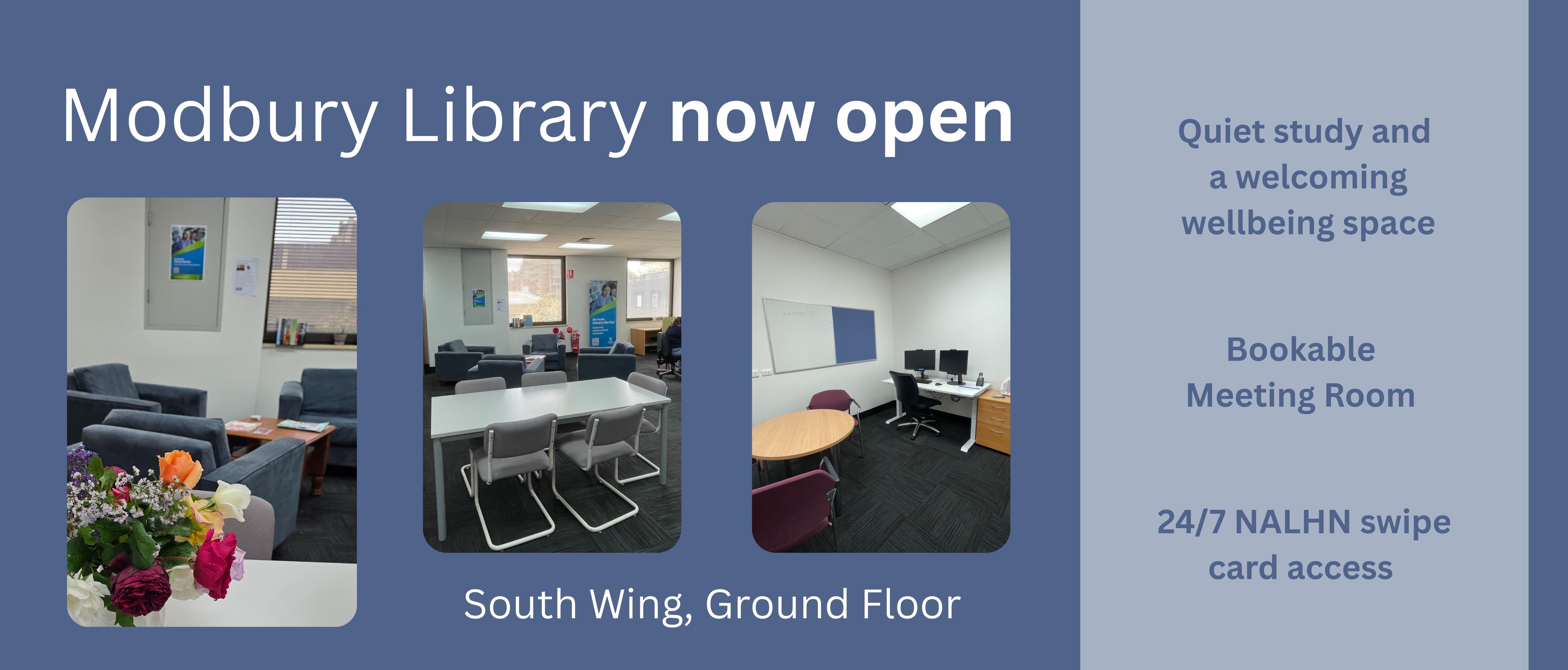 Images of Modbury Library. Now reopened. Available 24/7 with NALHN swipe card.