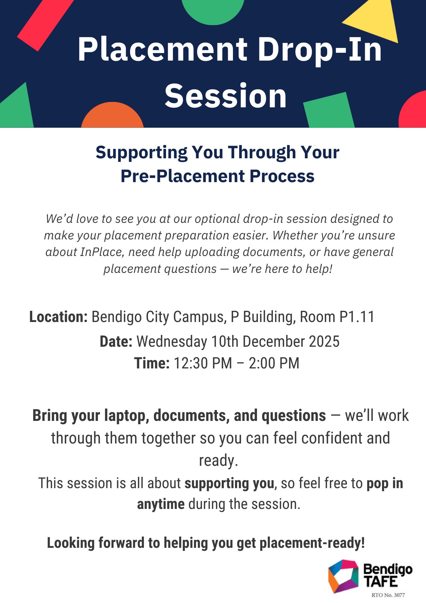 Placement Dop-in session Wednesday 10th December 2025 room p1.11