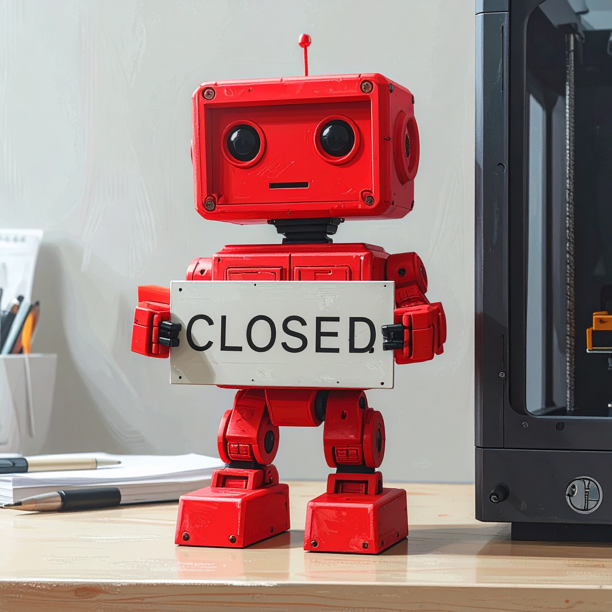 A 3D printed robot holds a sign that says 