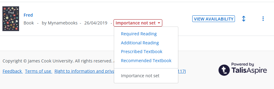 Dropdown in reading listing showing the four choices available for importance 