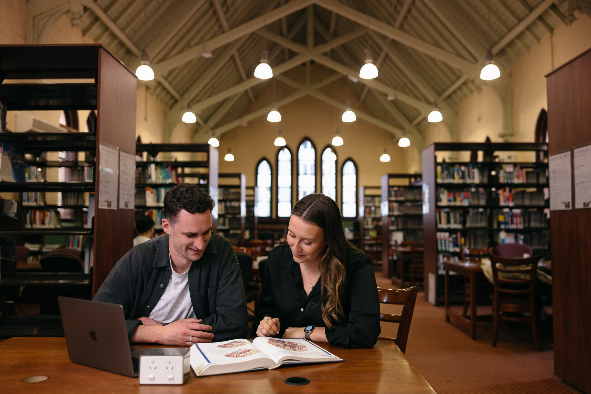 study space and library books in converted church building