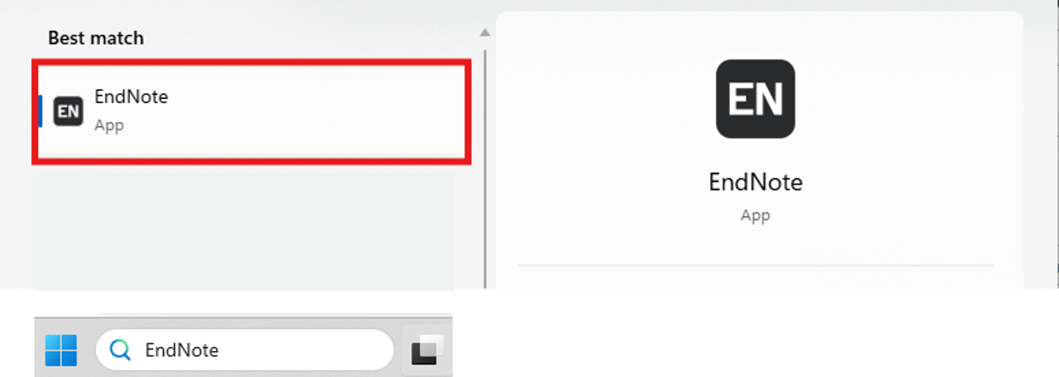 microsoft search menu showing the endnote app icon