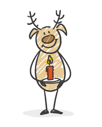 A cartoon reindeer holding a red candle