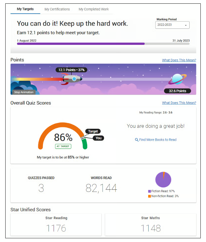 Example Accelerated Reader Target Screen Accelerated Reader - Reading and Writing - library at St Pius X College ...