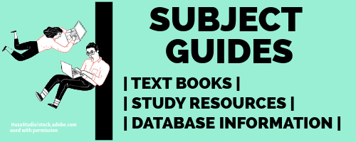 Cartoon image of students studying on laptops with title Subject Guides and sub text of Text Books, Study Resources, Database information. This sits above the drop down list for the Subject Guides made for each study area.