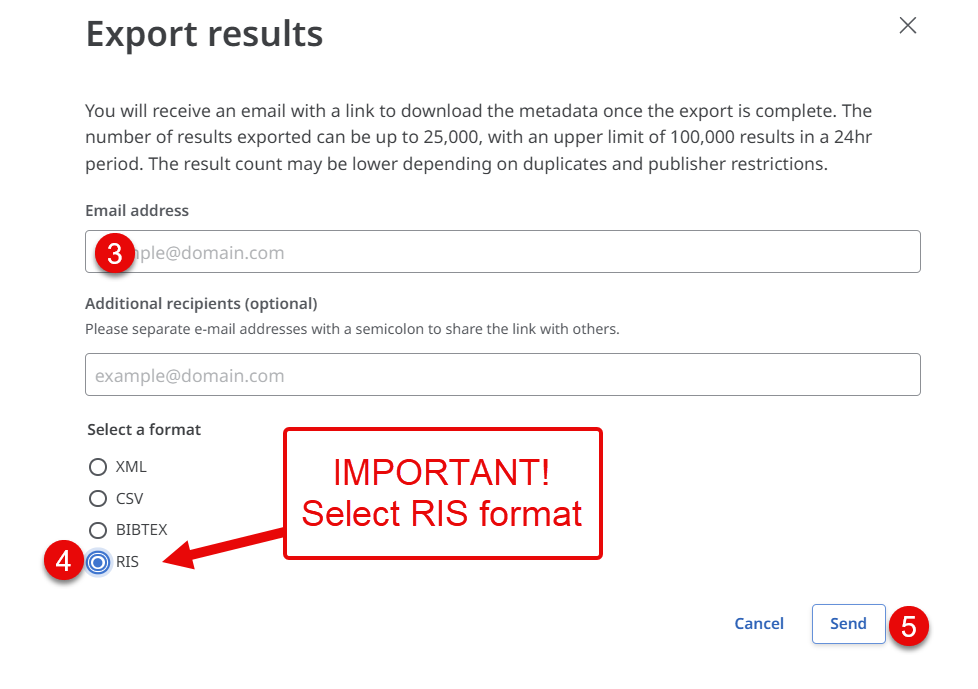 Screenshot of export dialog, indicating email input field and RIS format selection, and Send button