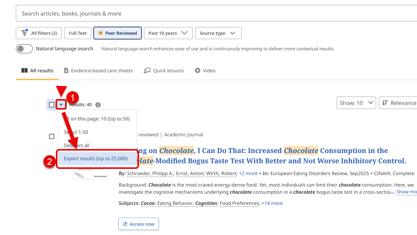 Screenshot of the top of a search results list, indicating tiny black arrow beside the select all checkbox, and the Export results option in the pop-up menu