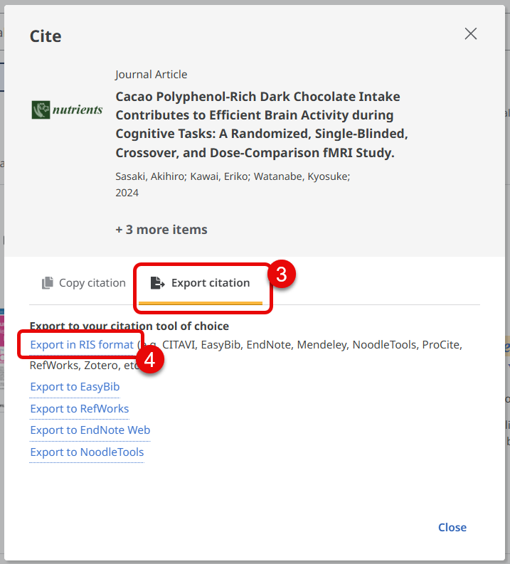 Screenshot of Cite diaiog box indicating Export citation tab and Export in RIS format link