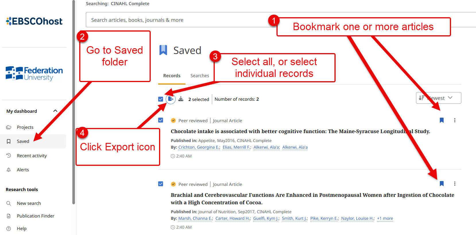 Screenshot showing export folder, indicating bookmarks, Saved link, select all checkbox, and Export icon.
