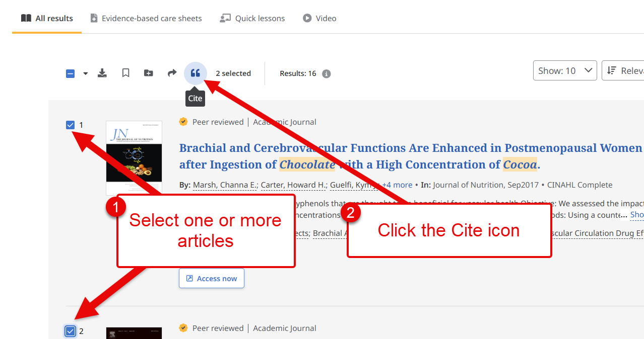 Screenshot of EBSCOhst search interface indicating article checkboxes and Cite icon