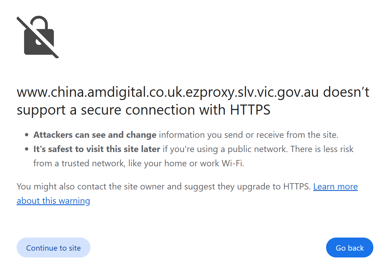 Browser warning message stating the Adam Matthew site doesn't support a secure connection with HTTPS