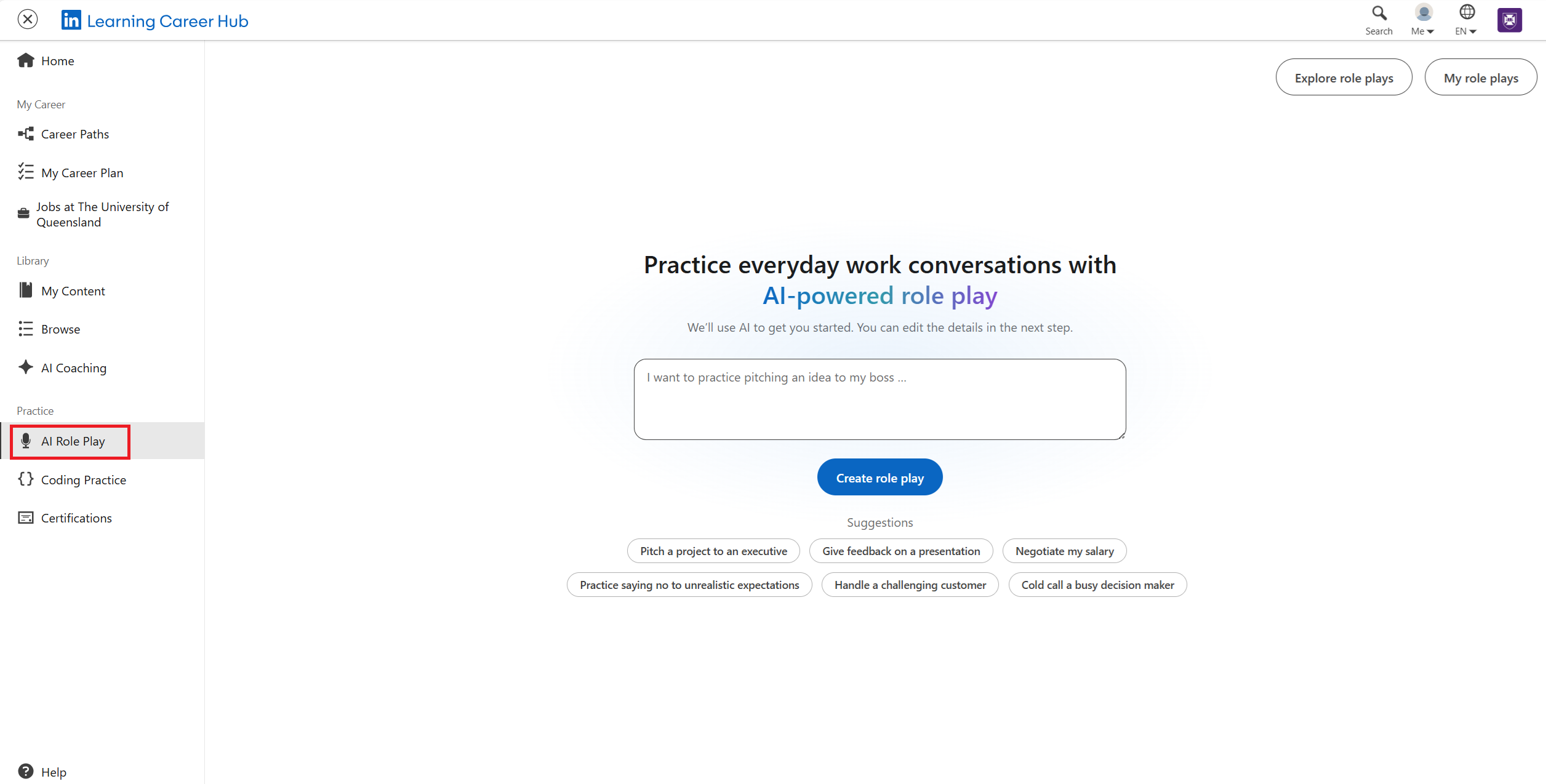 Interface for LinkedIn Learning's AI-powered role play
