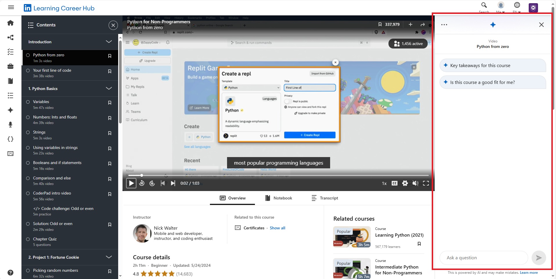 a linkedin learning course with the AI coaching sidebar open