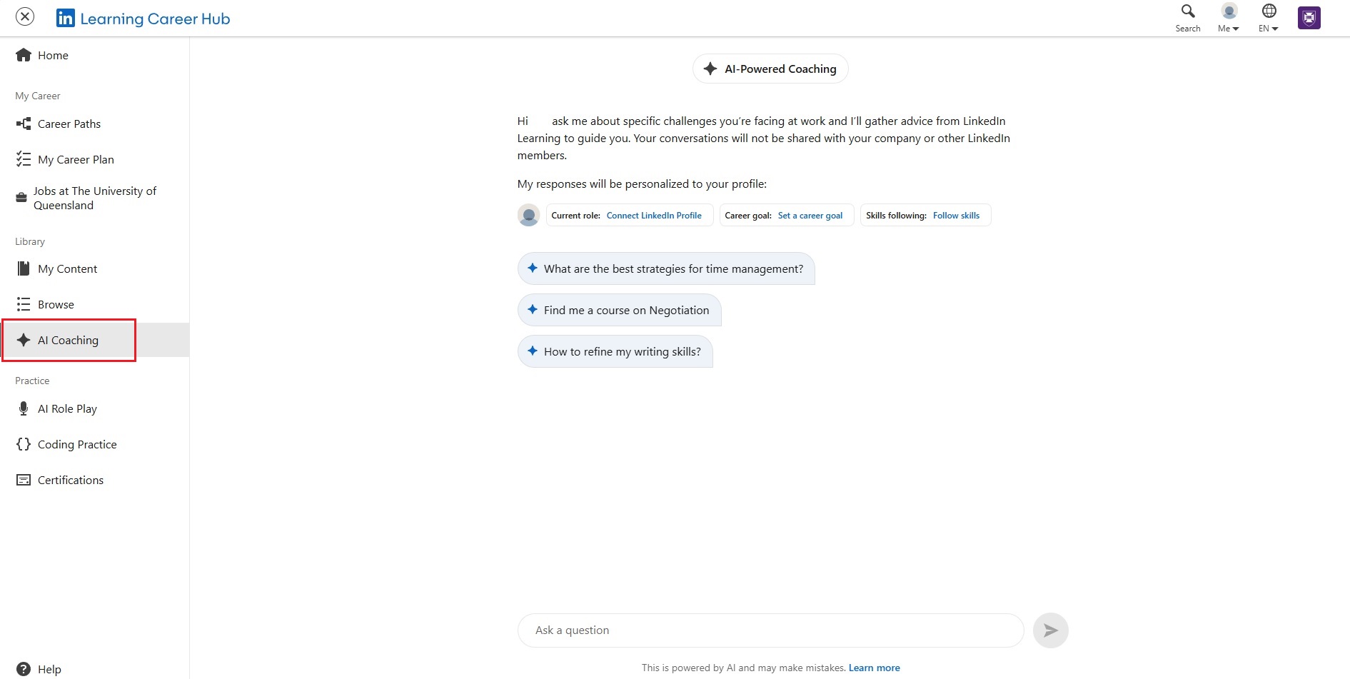 the LinkedIn Learning AI coaching interface