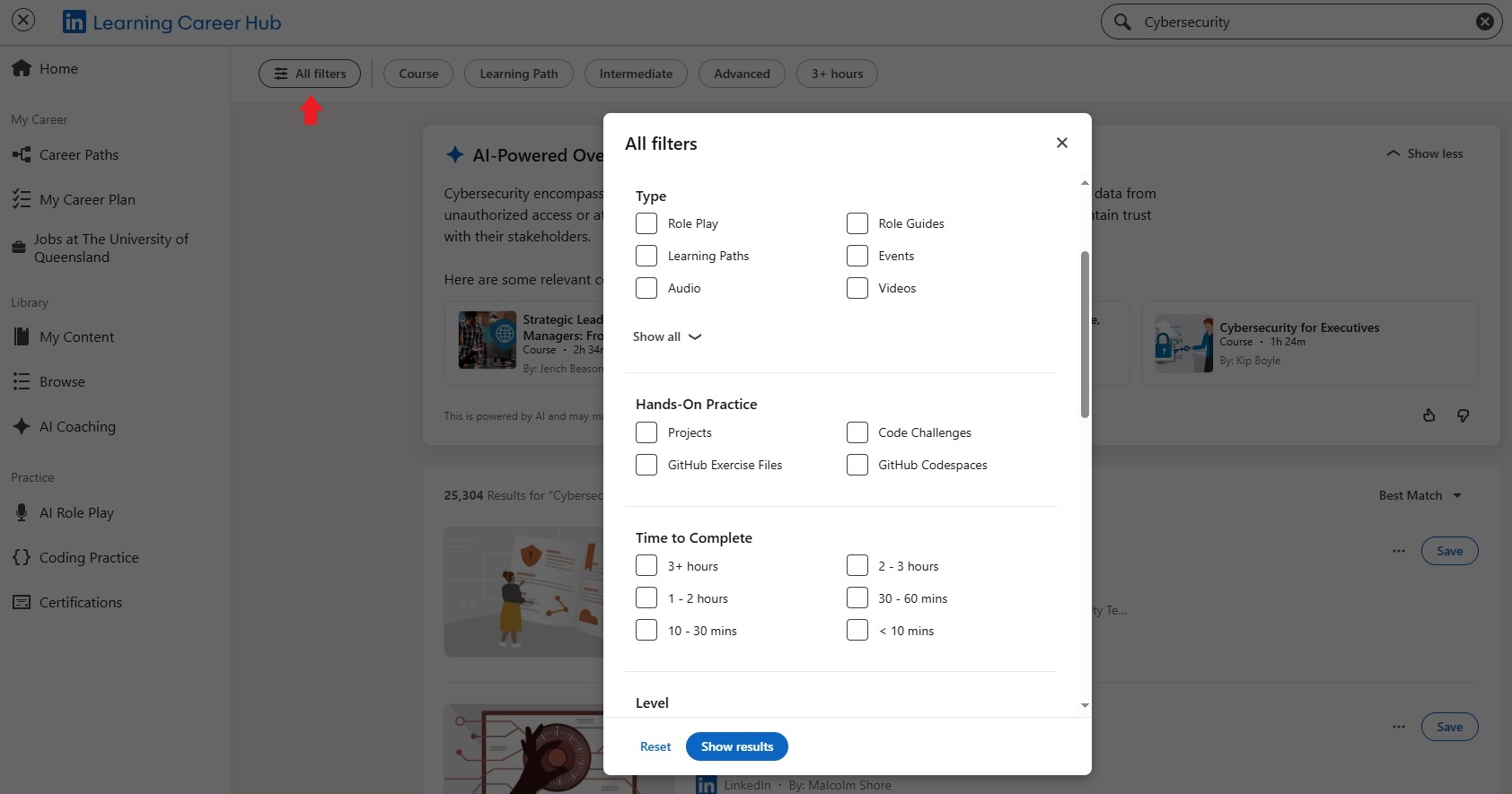 LinkedIn Learning search filters