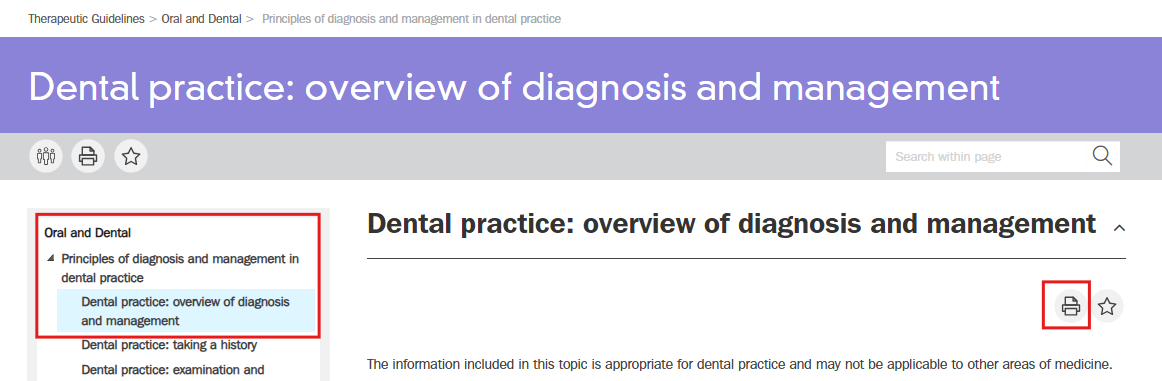 Select Guideline, select topic, select section, click on print section option