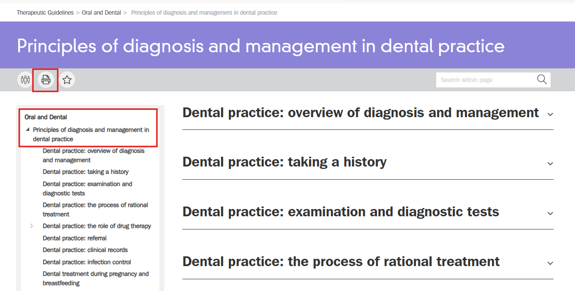 To print a topic within a guideline click on guideline, then click on topic and select print topic