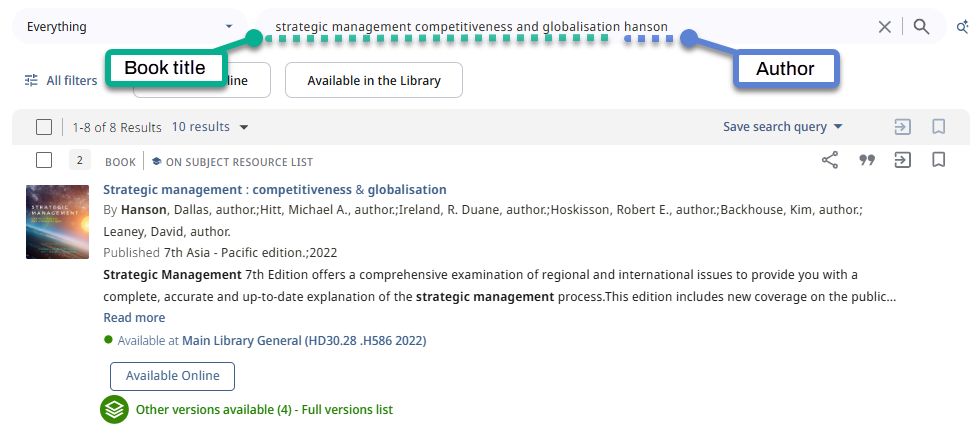 Search terms highlighting the title and author names in the search box