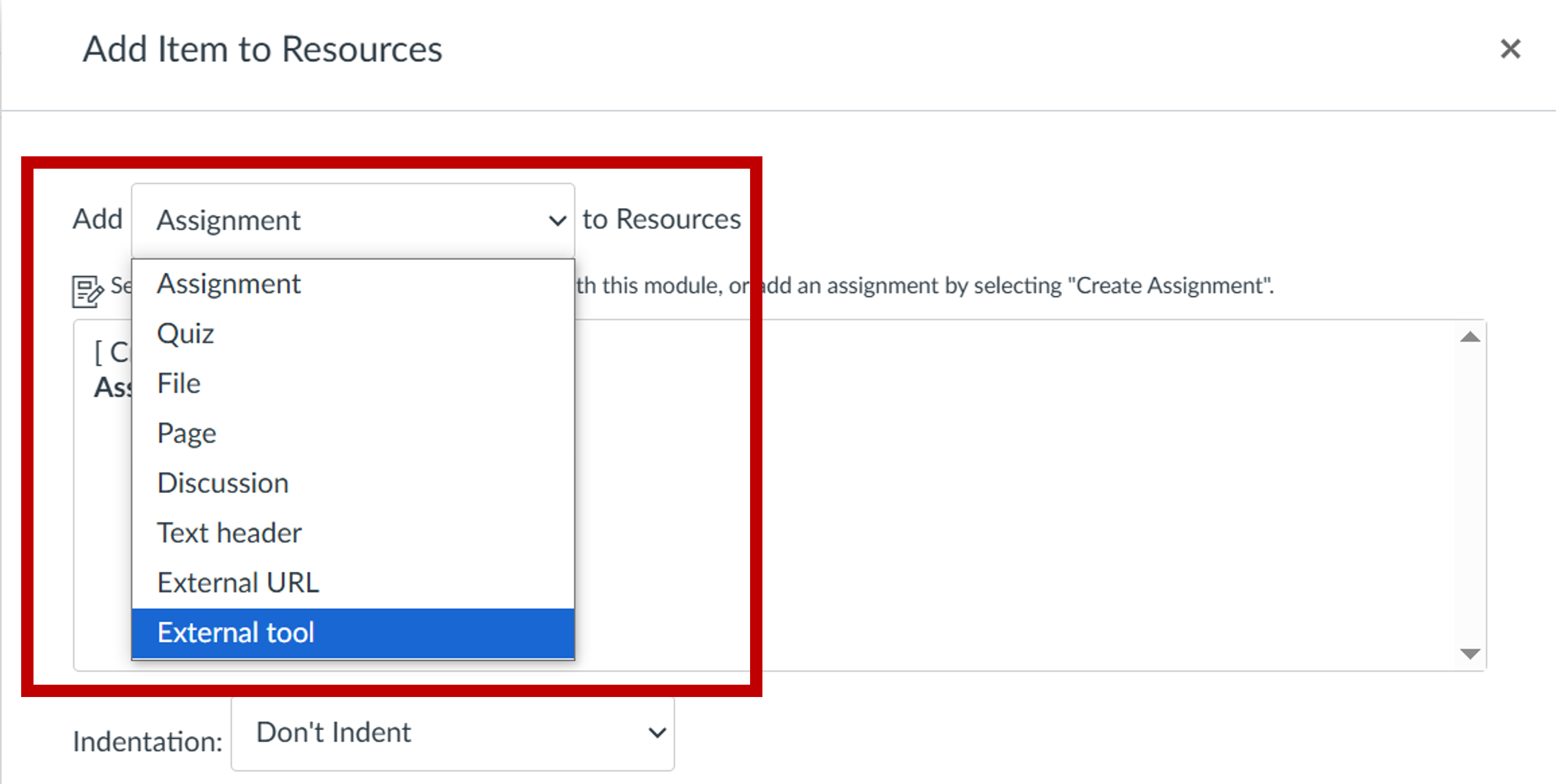 Screenshot of Canvas showing the Add dropdown menu. The option external tool is highlighted.