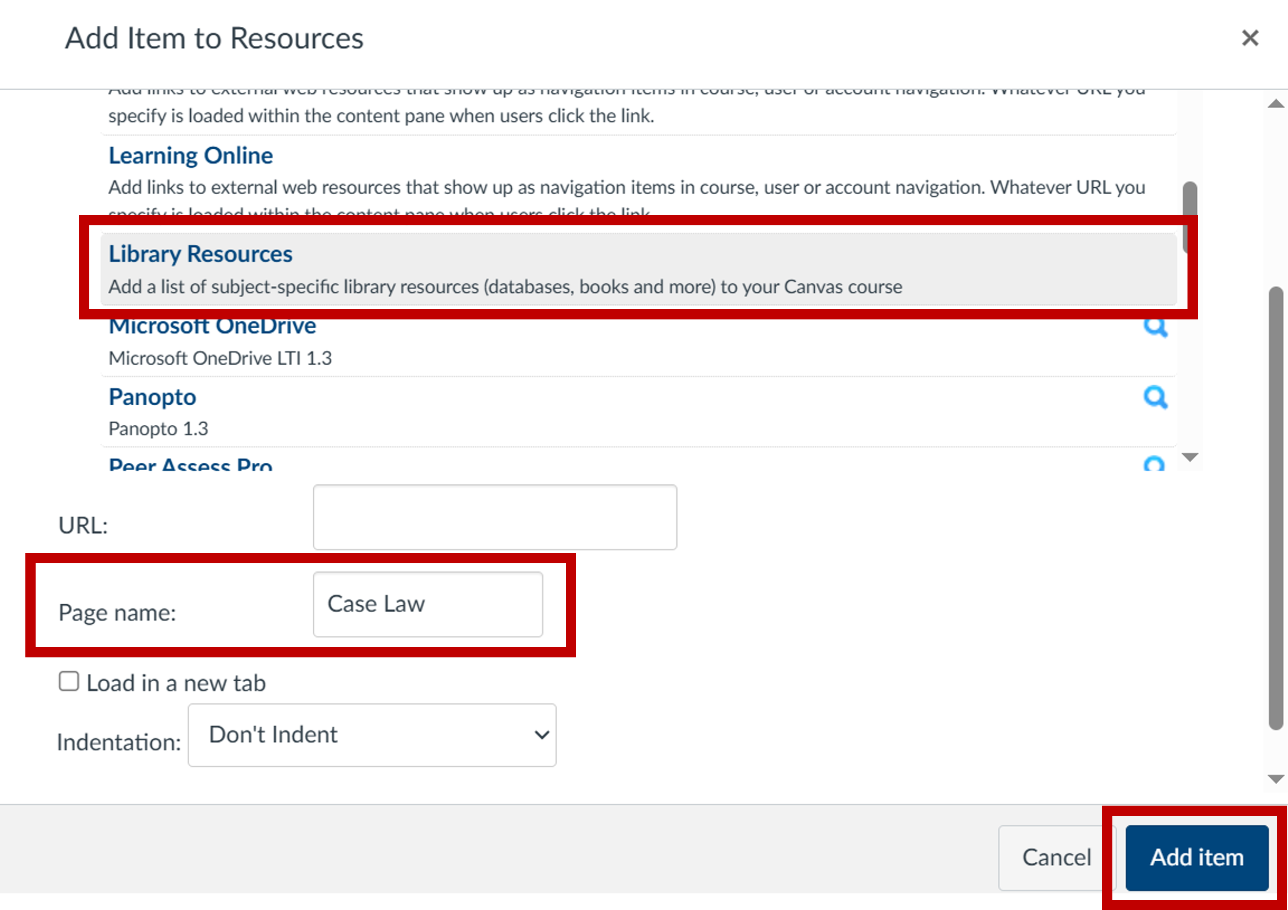 Screenshot of Canvas external tools. Library resources is highlighted as well as a box called: Page name and the Add item button.