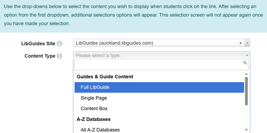 Screenshot showing the Library resources selection menu.